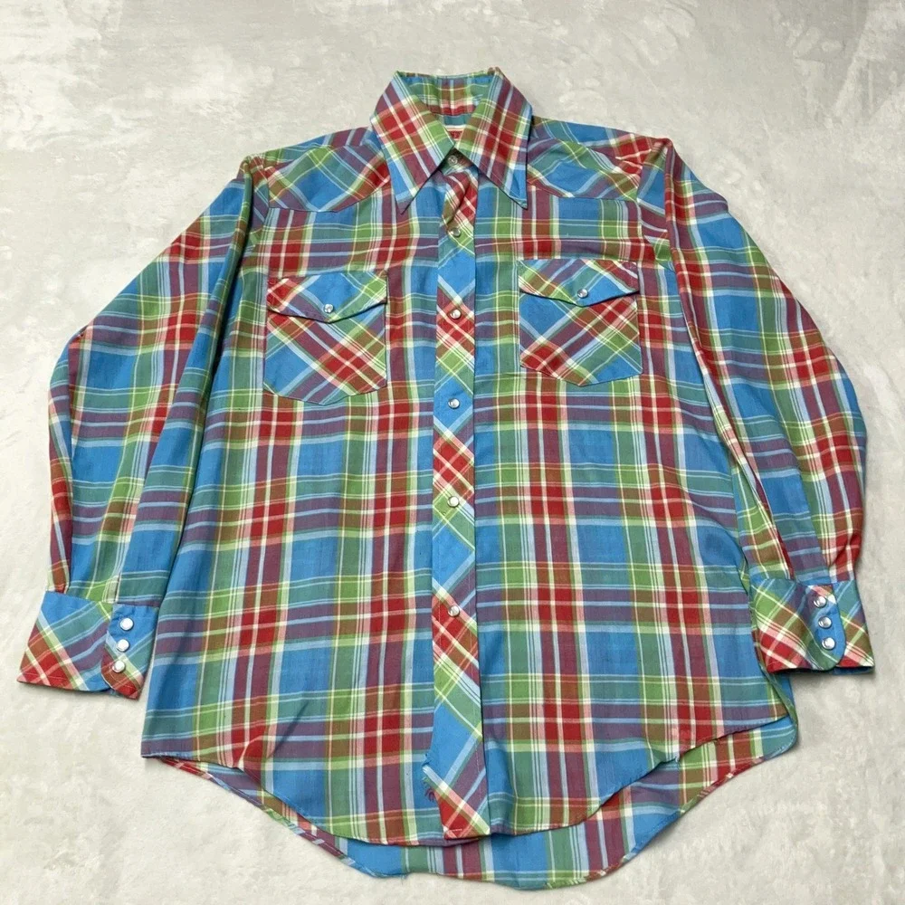 Vintage Western Shirt Pearl Snap Plaid Multi-Color Long Sleeve Korea Mens Large